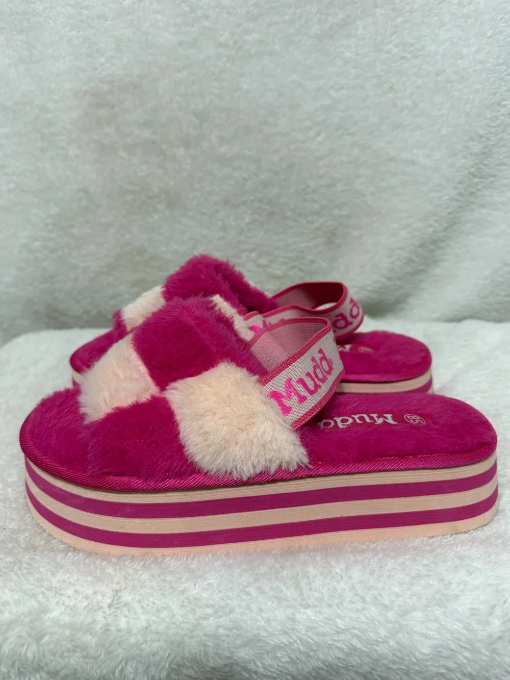 Mudd Platform Slide Sandals Pink White Checkered Faux Fur Fuzzy Striped Size 8.5